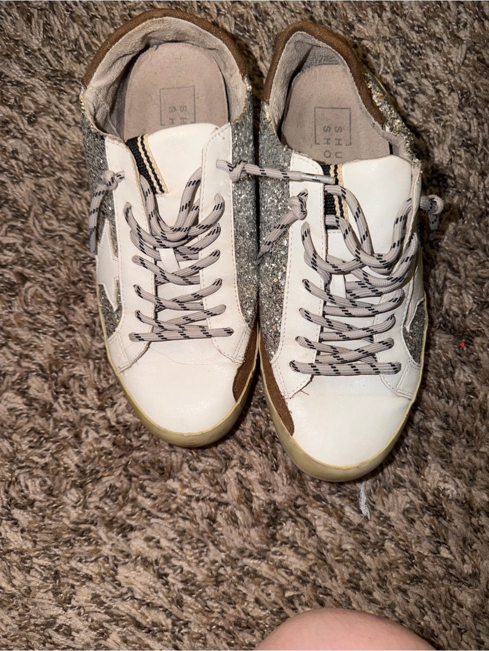 ShuShop White, Silver & Brown Glitter Lace-Up Sneakers